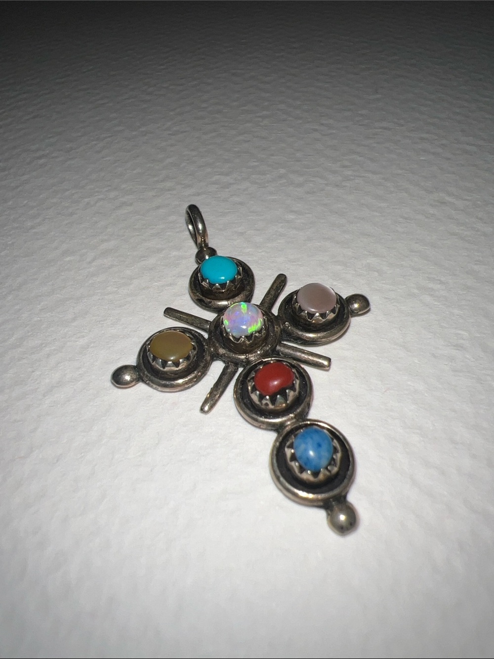 Sterling Silver Multi-Stone Cross Pendant - Turquoise, Red, Blue, Opal Accent - Picture 3 of 7